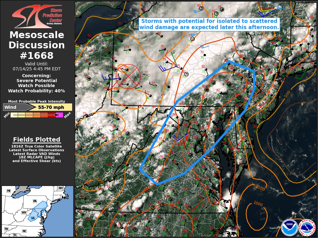 NCCO_DE_Skywarn's tweet image. Meso Discussion 1668 Watch Possible 40%
spc.noaa.gov/products/md/mdβ¦