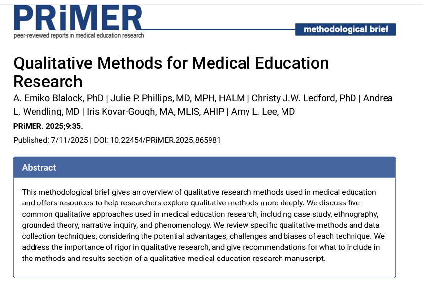 This methodological brief gives an overview of qualitative research methods used in medical education and offers resources to help researchers explore qualitative methods more deeply. We discuss five common approaches used in medical education research: journals.stfm.org/primer/2025/le…