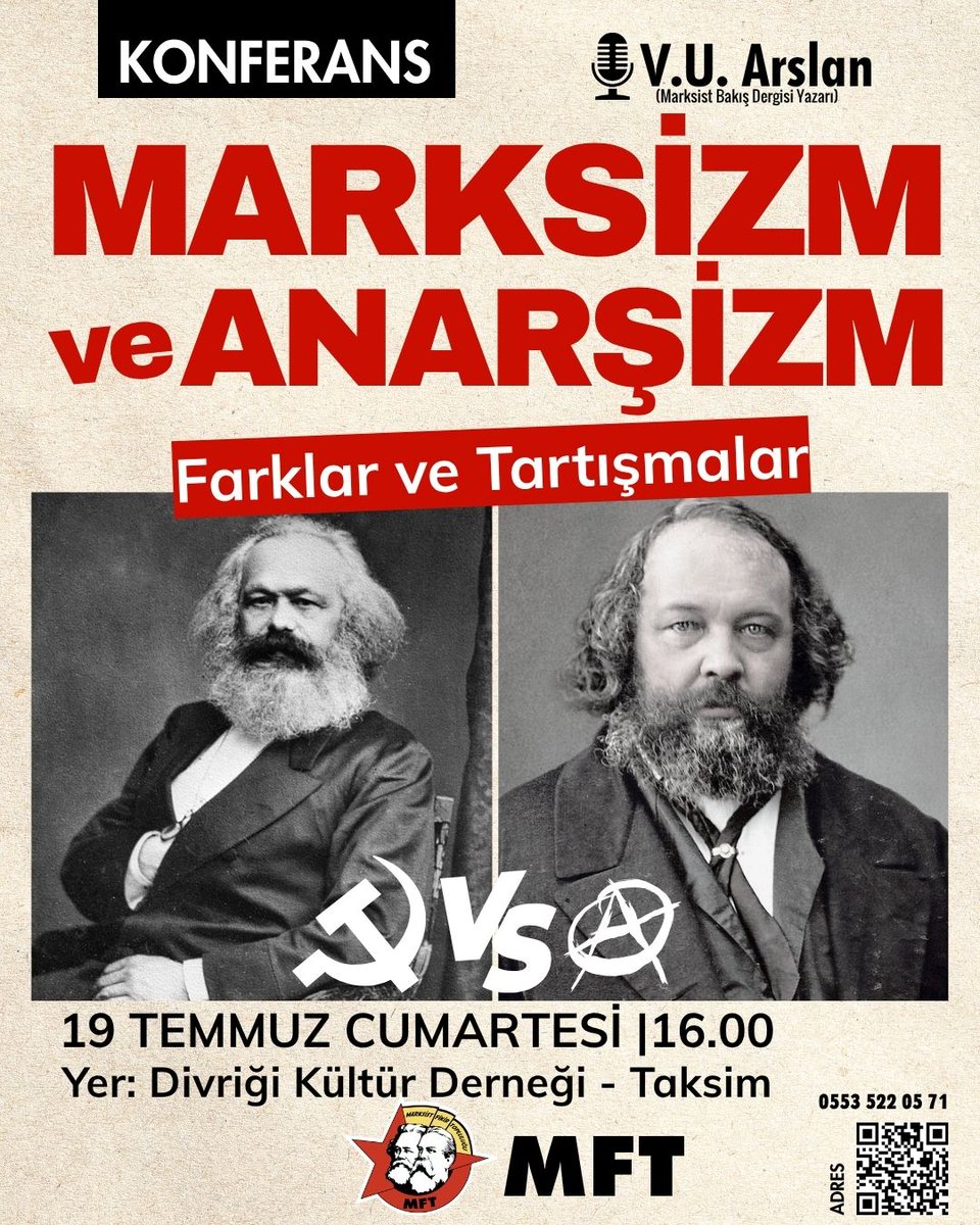 Marksist Fikir Toplulukları (@marksistfikir2) on Twitter photo 📍 İstanbul
Marksizm ve Anarşizm başlıklı etkinliğimizde iki ideoloji arasındaki farkları (<a href="/vuarslan_/">V.U.Arslan 🚩</a>) sunumuyla ele alacağız.
Tüm dostlarımız davetlidir 🚩
📅 19 Temmuz Cumartesi 16.00
📌 Taksim | Divriği kültür 📍 İstanbul
Marksizm ve Anarşizm başlıklı etkinliğimizde iki ideoloji arasındaki farkları (<a href="/vuarslan_/">V.U.Arslan 🚩</a>) sunumuyla ele alacağız.
Tüm dostlarımız davetlidir 🚩
📅 19 Temmuz Cumartesi 16.00
📌 Taksim | Divriği kültür