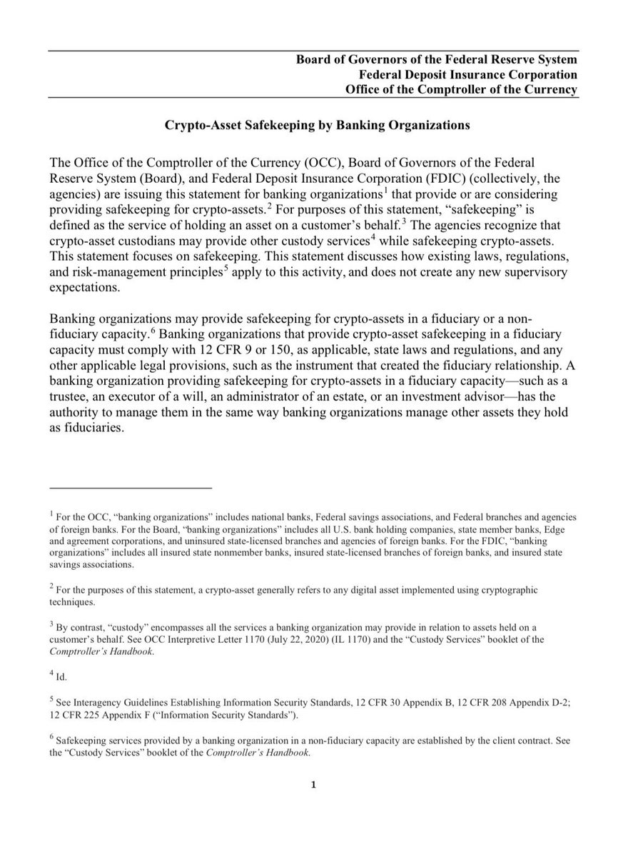 🇺🇸 JUST IN: U.S. BANKING REGULATORS ISSUE JOINT CRYPTO CUSTODY GUIDANCE  🏦 The Fed, FDIC & OCC say banks can custody crypto but must follow strict  risk, legal, and compliance frameworks.