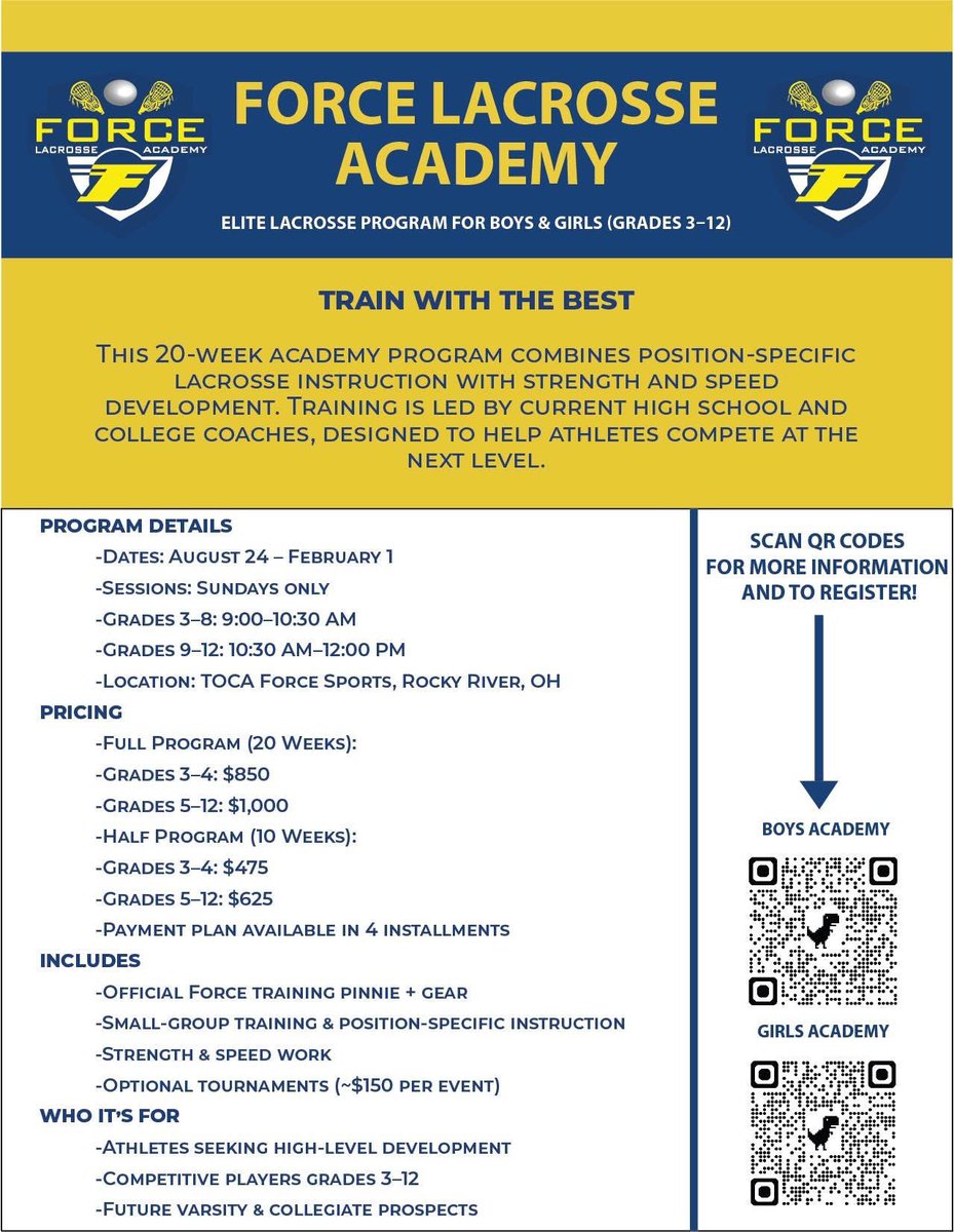 ForceLAXacademy's tweet image. Registration is open!
Sign up here: forcelaxacademy.com/force-lacrosse…