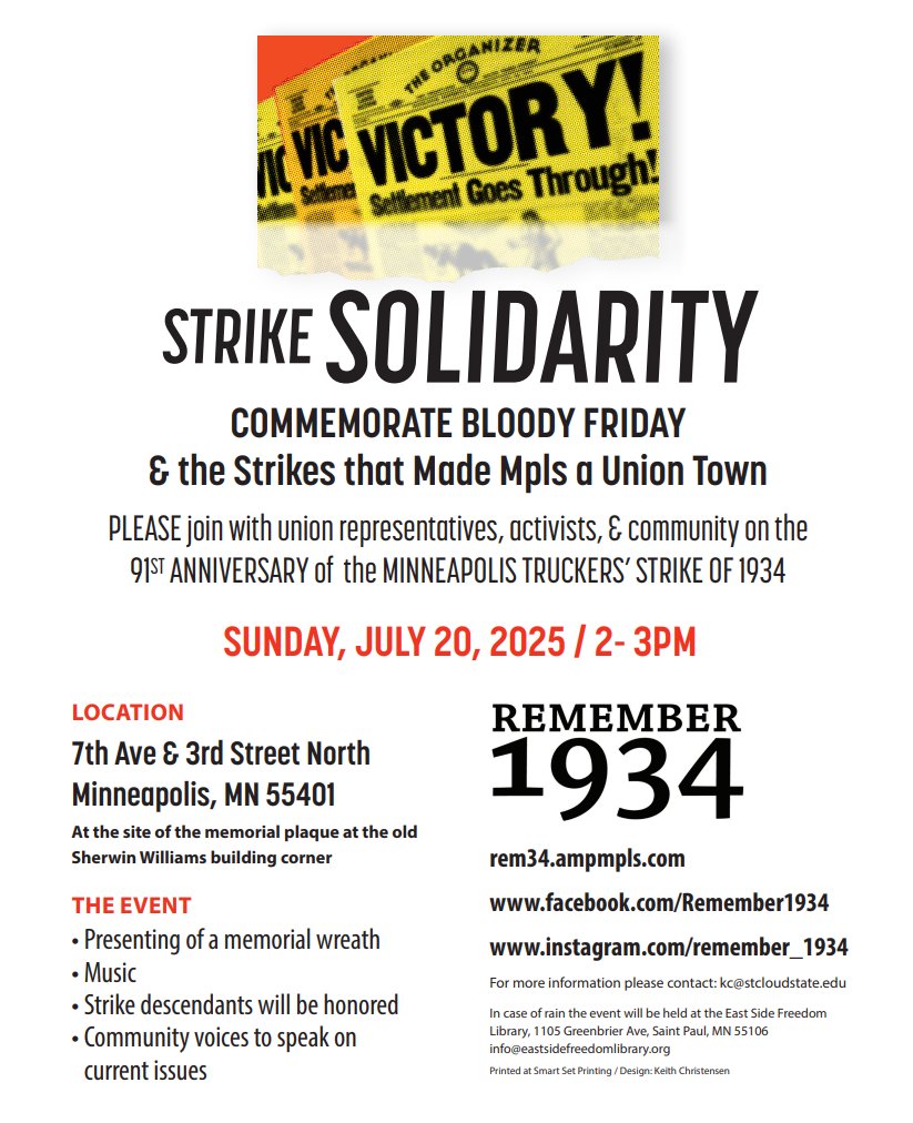 MFELocal59's tweet image. THIS WEEKEND: Join Twin Cities labor and community to mark the 91st anniversary of the 1934 Minneapolis trucker's strike! Details here 👇