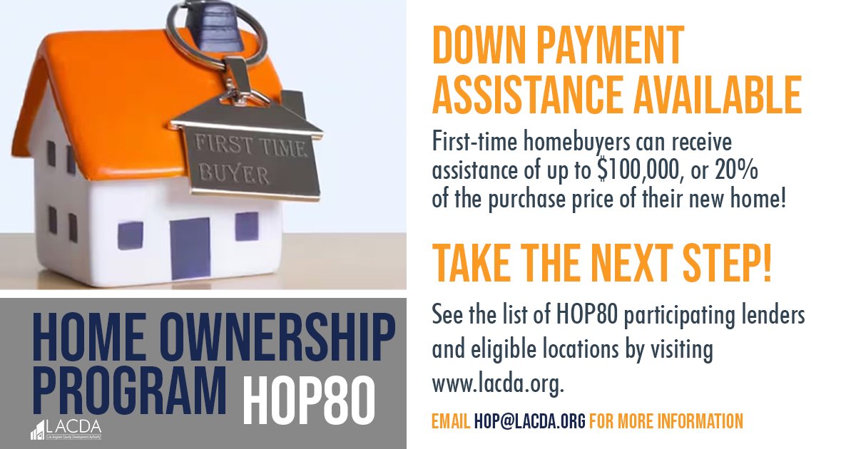 LACDevAuthority's tweet image. Unlock your dream home with the HOP80 Home Ownership Program! Get up to $100K (or 20% of purchase price) for down payment/closing costs. The loan is 0% interest, provides deferred repayment, and shared equity. For details, visit lacda.org/home-ownership….