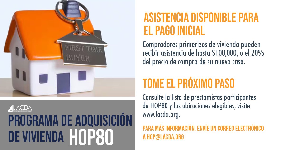 LACDevAuthority's tweet image. Unlock your dream home with the HOP80 Home Ownership Program! Get up to $100K (or 20% of purchase price) for down payment/closing costs. The loan is 0% interest, provides deferred repayment, and shared equity. For details, visit lacda.org/home-ownership….