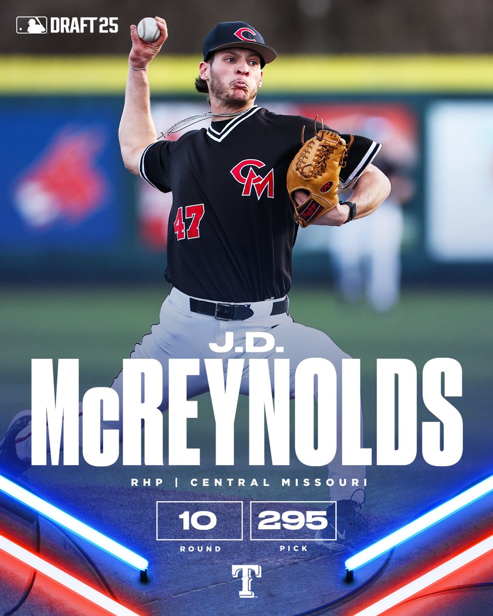 With the 295th pick of the 2025 #MLBDraft, the Texas Rangers select RHP J.D. McReynolds from University of Central Missouri