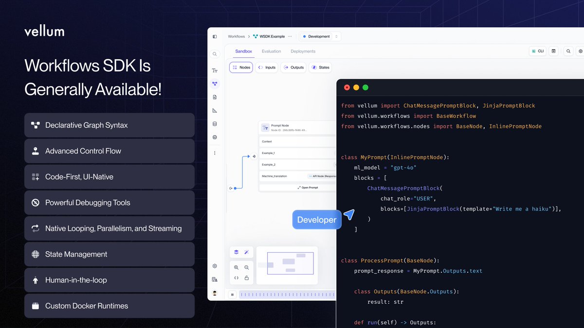 akashsharma503's tweet image. Launch day 1. Today we’re GA’ing Vellum Workflows SDK, a new expressive framework for defining Agentic workflows, you can edit in both code and our UI.

We’ve seen the rise and fall of many AI frameworks over the past few years, they seem magical at launch but lose popularity…
