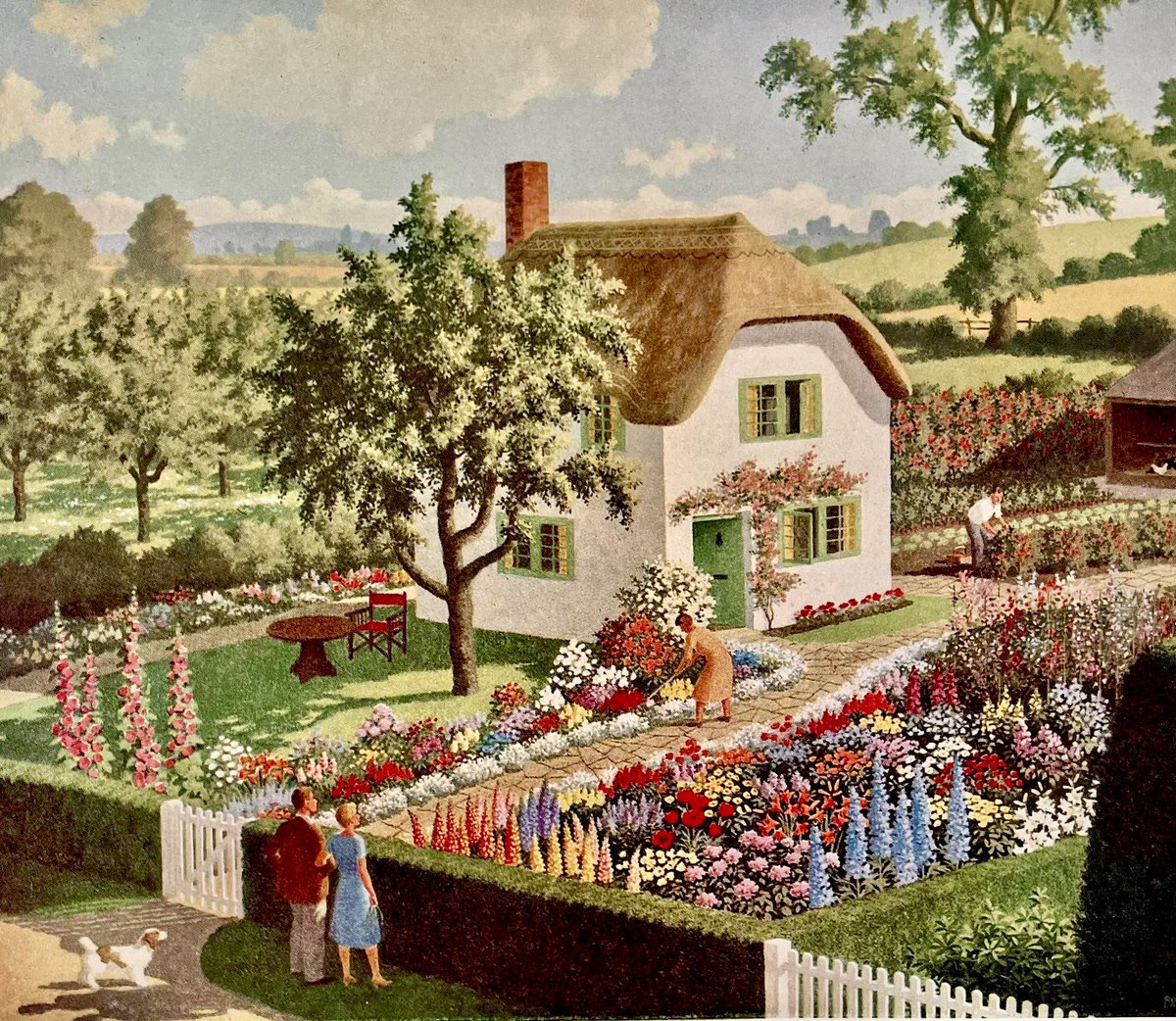 LBFlyawayhome's tweet image. Other work by the Ladybird artists.
The neighbours’ garden.
‘July’ (1958)
Artist: Ronald Lampitt