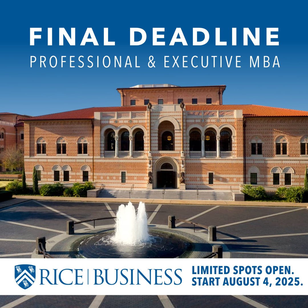This is your last chance to apply! Applications for our Executive &amp; Professional MBA programs are being accepted on a space-available basis, with only a few seats remaining. Complete your application today and start your MBA this August.
Apply now ➞ business.rice.edu/apply