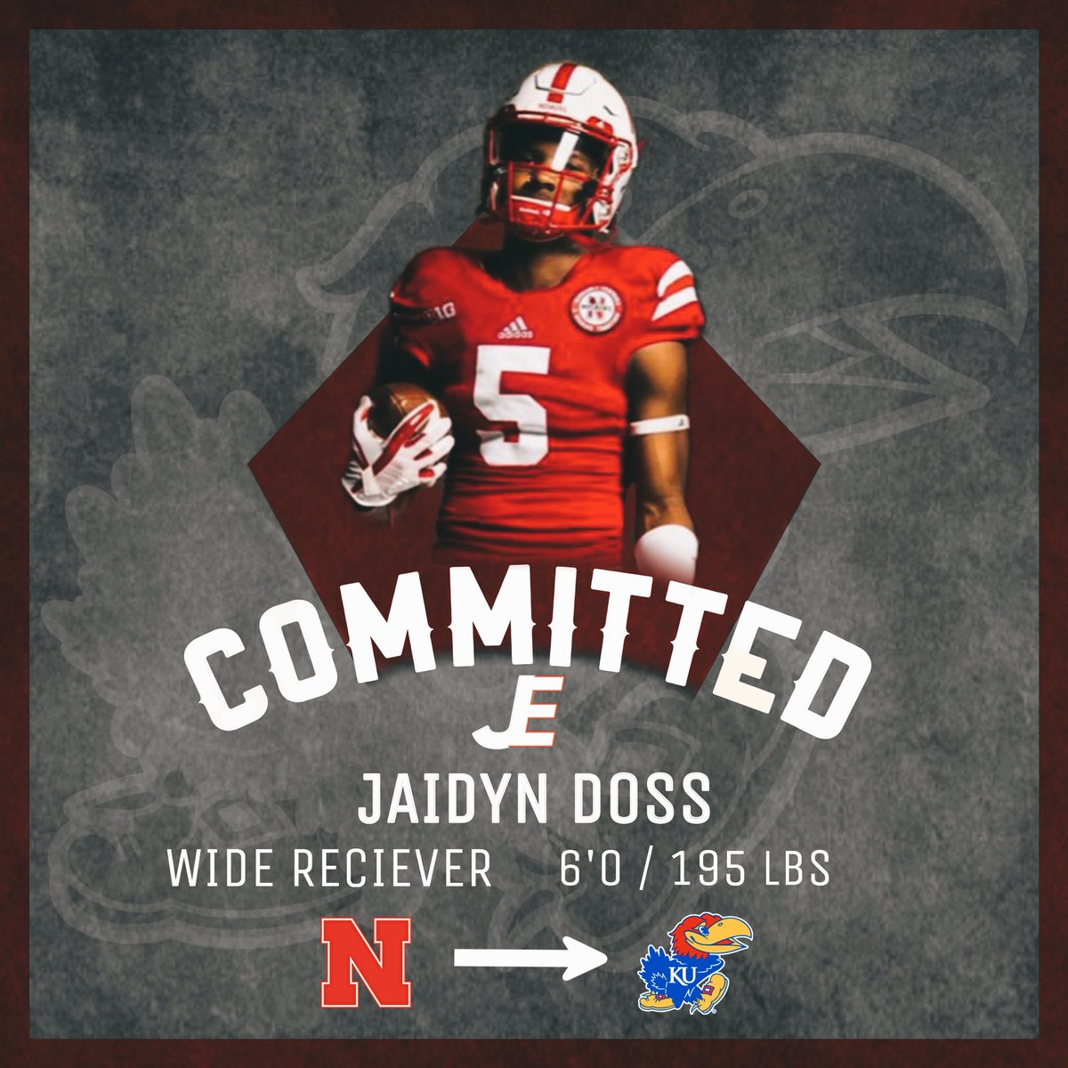 JayhawksExpress's tweet image. BOOM 💥 Kansas lands transfer Wide Receiver from Nebraska, Jaidyn Doss!
- Huge pickup for this already impressive wide out core!
#RockChalk