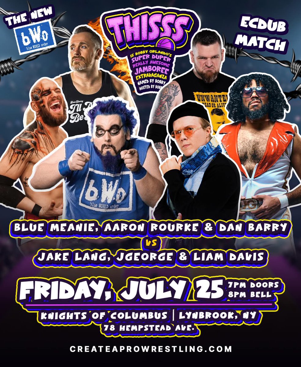 Create A Pro NY (@createapro) on Twitter photo 🚨MATCH ANNOUNCEMENT🚨
Blue Meanie comes to Create A Pro alongside Aaron Rourke & Dan Barry to take on the team of Jake Lang, JGeorge, and Liam Davis!
And by order of <a href="/TheBobbyOrlando/">Bobby Orlando</a> this match will be…….an ECDUB MATCH!
🎟GET YOUR TICKETS🎟
eventbrite.com/e/create-a-pro… 🚨MATCH ANNOUNCEMENT🚨
Blue Meanie comes to Create A Pro alongside Aaron Rourke & Dan Barry to take on the team of Jake Lang, JGeorge, and Liam Davis!
And by order of <a href="/TheBobbyOrlando/">Bobby Orlando</a> this match will be…….an ECDUB MATCH!
🎟GET YOUR TICKETS🎟
eventbrite.com/e/create-a-pro…