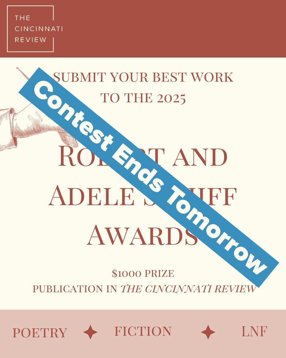 CincinnReview's tweet image. Only one day left to polish up your best fiction, nonfiction, and poetry to submit to the Robert and Adele Schiff Awards! Win $1000 and publication in The Cincinnati Review. All submissions are considered for publication! Details here: buff.ly/mDOMzaV