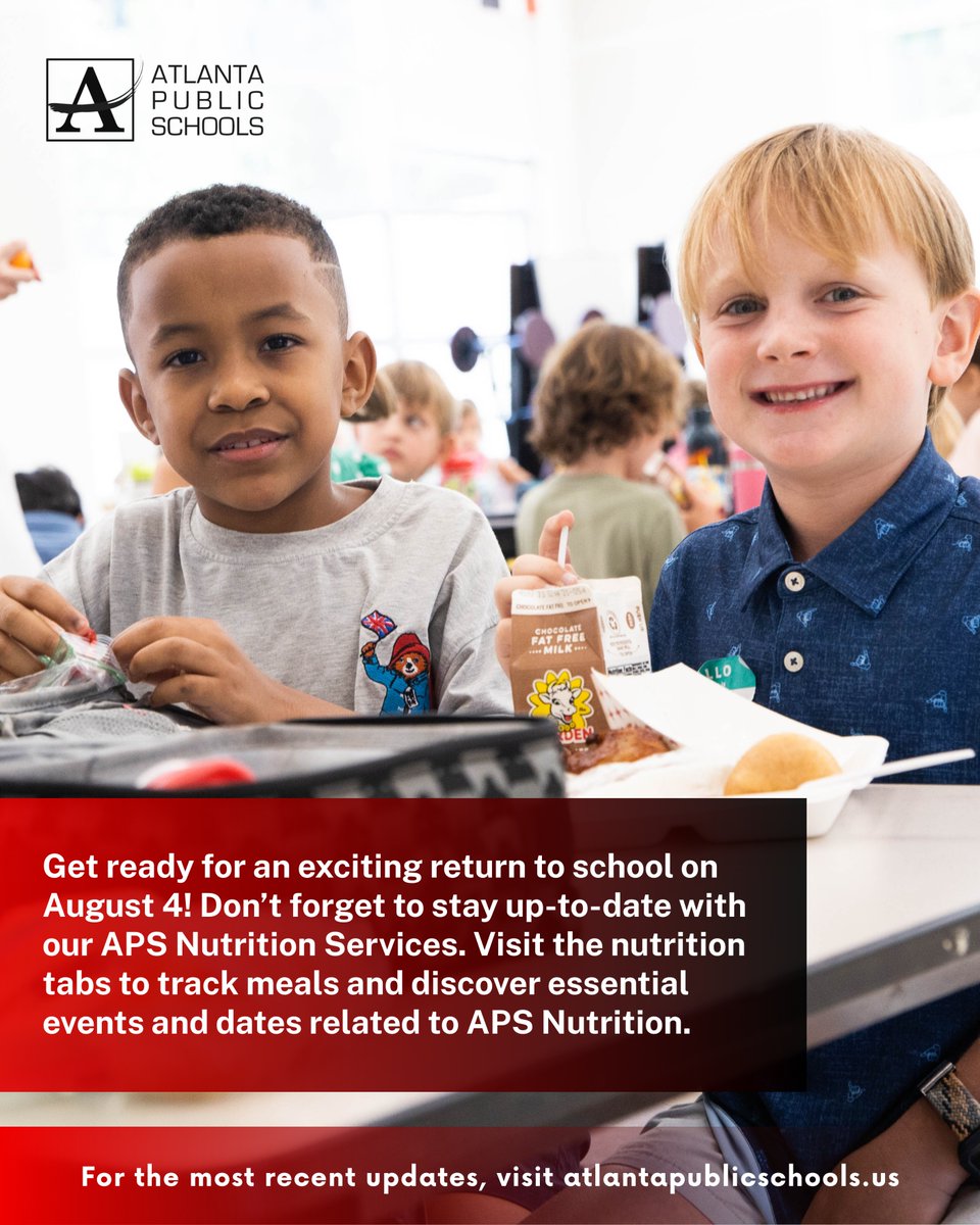 apsupdate's tweet image. Get ready for an exciting return to school on August 4! Don’t forget to stay up-to-date with our APS Nutrition Services. Visit the nutrition tabs to track meals and discover essential events and dates related to APS Nutrition. Stay informed, and enjoy a nutritious school year!…