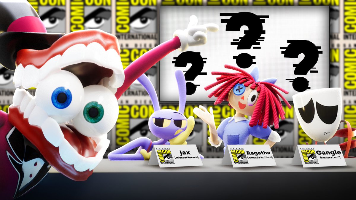 We're holding a BIG TADC Voice actor panel during San Diego Comic-con!!!
We’ve locked Jax, Ragatha, Caine &amp; Gangle's VA  in a room together and decided to call that entertainment✨
During the panel we will be showing off a sneak peek for episode 6 too...keep an eye out for it 👁️