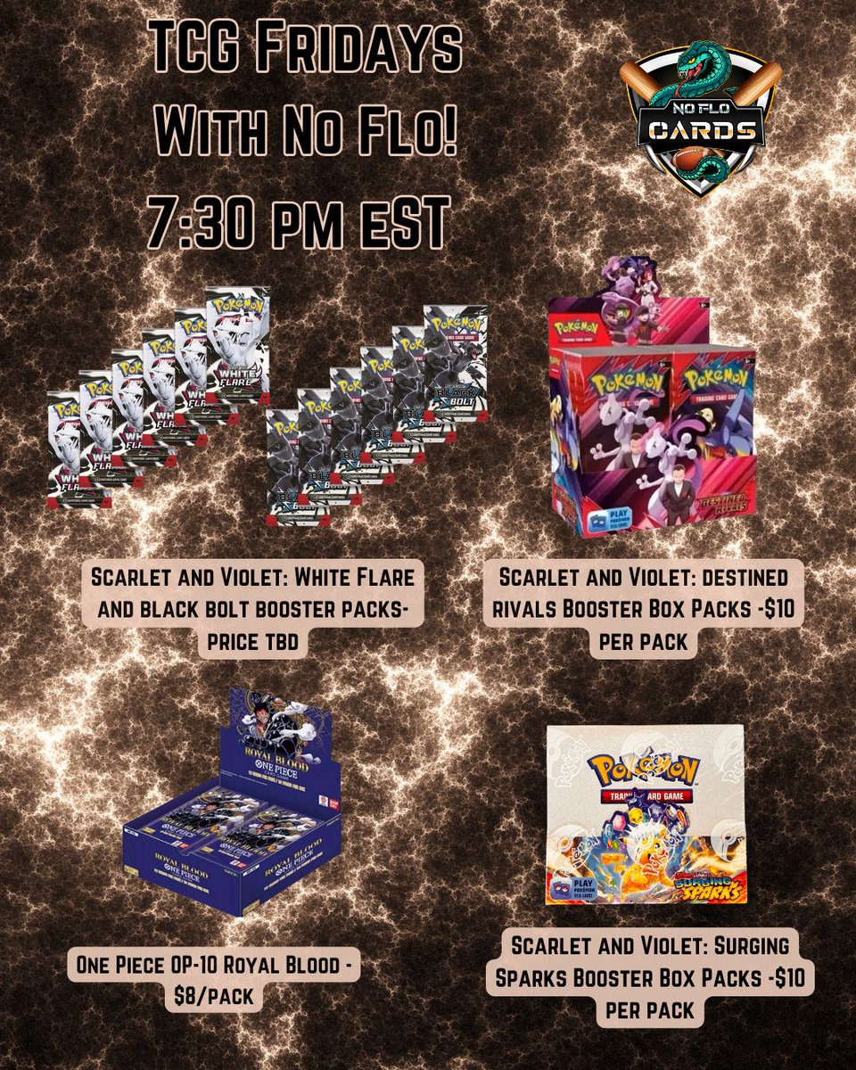 🎴 Friday Night TCG Stream – 7:30PM EST!
Ripping packs all night long:

⚡ Pokémon S&amp;V Surging Sparks – $10
🧬 Pokémon S&amp;V Destined Rivals – $10
🏴☠️ One Piece OP-10 Royal Blood – $8
🌑 Pokémon S&amp;V Black Bolt + 🔥 White Flare – Price TBD

Link to packs 👇