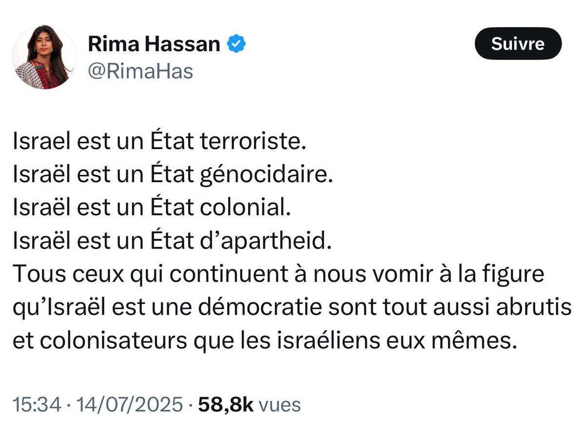 🎗️(((SIMON WEINBERG))) (@slmonweinberg) on Twitter photo 🔴 Dans son théâtre victimaire, <a href="/RimaHas/">Rima Hassan</a> insulte Israël, traite les Juifs de « colonisateurs abrutis » et attise la haine… mais toujours à distance.
En Israël, elle a baissé les yeux. 🤡
Elle sait exactement ce qu’elle fait : allumer la mèche d’un cyberpogrom planquée en 🔴 Dans son théâtre victimaire, <a href="/RimaHas/">Rima Hassan</a> insulte Israël, traite les Juifs de « colonisateurs abrutis » et attise la haine… mais toujours à distance.
En Israël, elle a baissé les yeux. 🤡
Elle sait exactement ce qu’elle fait : allumer la mèche d’un cyberpogrom planquée en