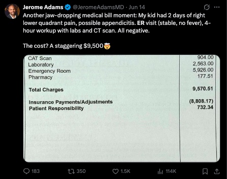 For the Canadians (including MDs) thinking our healthcare system is pretty bad and the US system is pretty good - Dr. Jerome Adams paid $732 after insurance for ER care for his child with abdominal pain (which is a common problem). Dr. Adams was the 20th US Surgeon General.