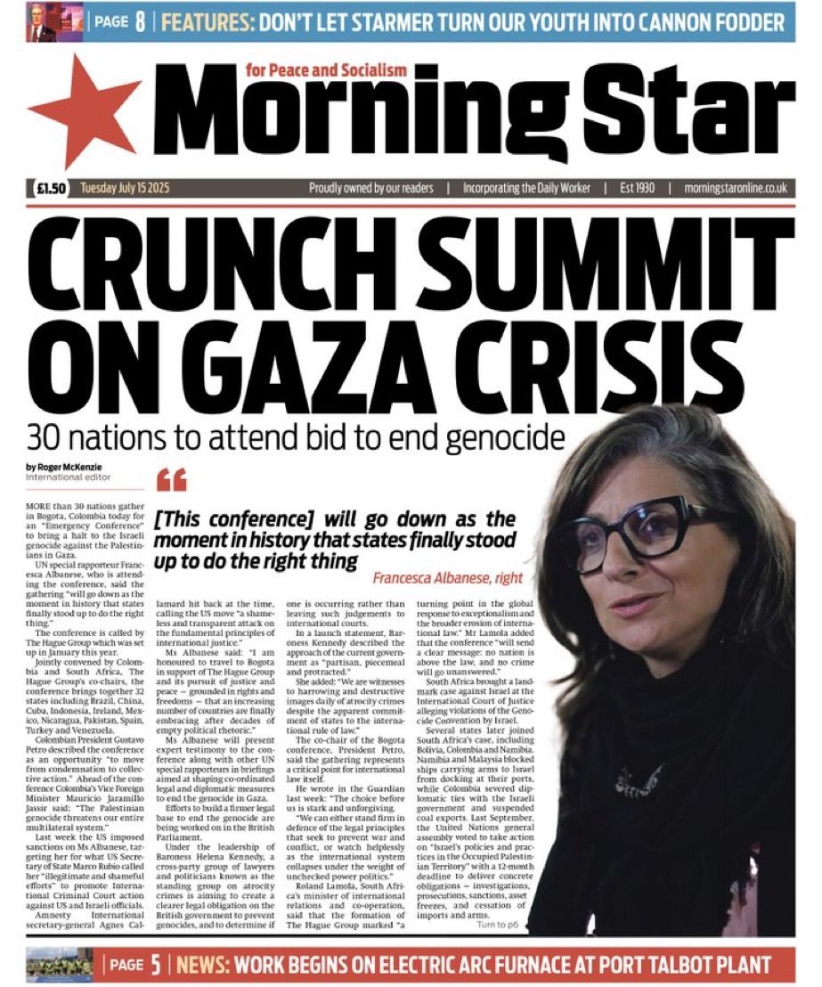 “This conference will go down in history as the moment states finally stood up to do the right thing.” 

— <a href="/FranceskAlbs/">Francesca Albanese, UN Special Rapporteur oPt</a>

🇨🇴🇿🇦🇵🇸