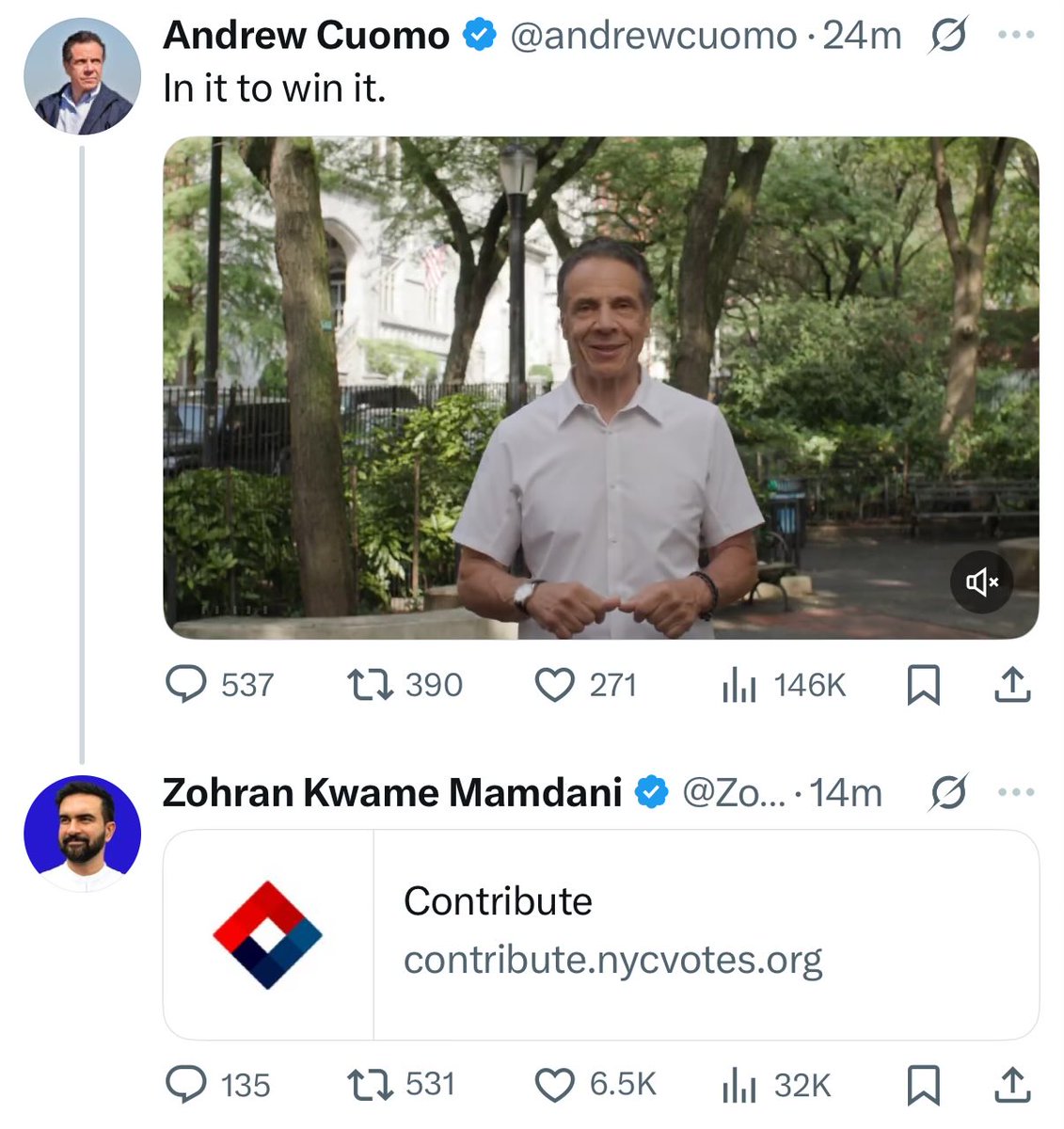 Zohran Mamdani has already heavily ratio-ed Andrew Cuomo’s announcement ad with a donation link and it’s going up by thousands every minute