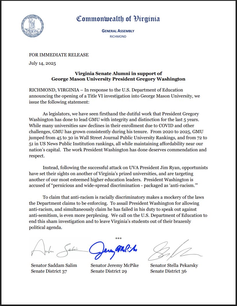 SalimVASenate's tweet image. Virginia Senate alumni stand with GMU President Gregory Washington. We reject the political attacks on his leadership and call on the U.S. Department of Education to end its sham investigation. Our students deserve better.
