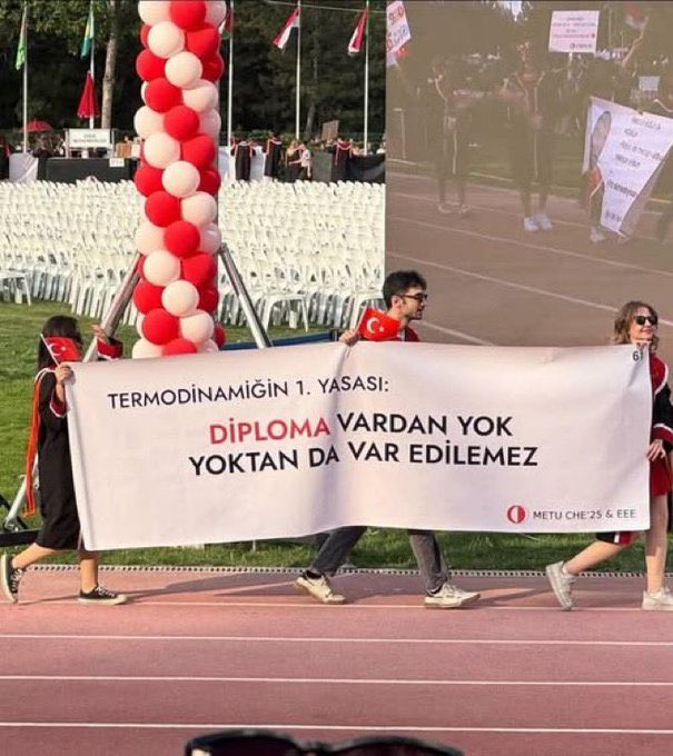 Ülkemizin yüz akı üniversitelerinden ODTÜ’de, mezuniyet töreni sırasında açılan pankartları görme imkanım oldu.  Benim favorim bu :)
“Diploma vardan yok, yoktan var edilemez!”