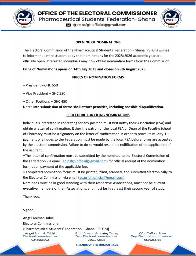 🔔 NOTICE ‼️
Official communication from the Office of the Electoral Commissioner
Opening of Nominations for the 2025/2026 Academic Year Elections

📅 Filing opens: 14th July 2025
📅 Closes: 8th August 2025

📩 Submit completed forms and confirmation letters to: