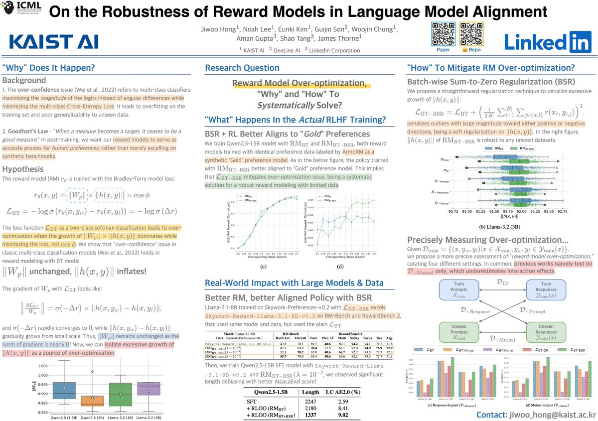 Jiwoo Hong @ NAACL 2025 (@jiwoohong98) on Twitter photo ⁉️Why do reward models suffer from over-optimization in RLHF?
We revisit how representations are learned during reward modeling, revealing “hidden state dispersion” as the key, with a simple fix!
🧵
Meet us at <a href="/icmlconf/">ICML Conference</a>!
📅July 16th (Wed) 11AM–1:30PM
📍East Hall A-B E-2608 ⁉️Why do reward models suffer from over-optimization in RLHF?
We revisit how representations are learned during reward modeling, revealing “hidden state dispersion” as the key, with a simple fix!
🧵
Meet us at <a href="/icmlconf/">ICML Conference</a>!
📅July 16th (Wed) 11AM–1:30PM
📍East Hall A-B E-2608