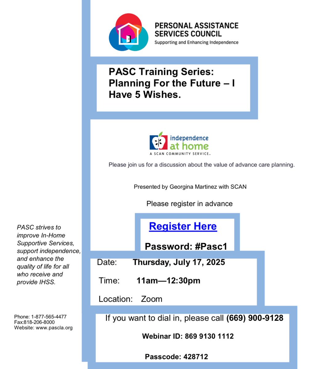 pasc_la's tweet image. Please join us for a discussion about the value of advance care planning.
Presented by Georgina Martinez @scan_lb 

Please register in advance bit.ly/4kP7RO1

#PlanningForTheFuture #AdvanceCarePlanning #PASCtraining #PASC #PASCLA #IHSS #Providers #LosAngeles #LACounty
