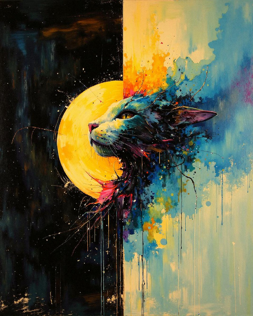 Felini the cat's masterpiece enchants with vibrant colors and dynamic brushwork, inviting viewers into a world of feline contemplation and unseen beauty. #MoonCat #FelineArt #CatPainting 🎨✨