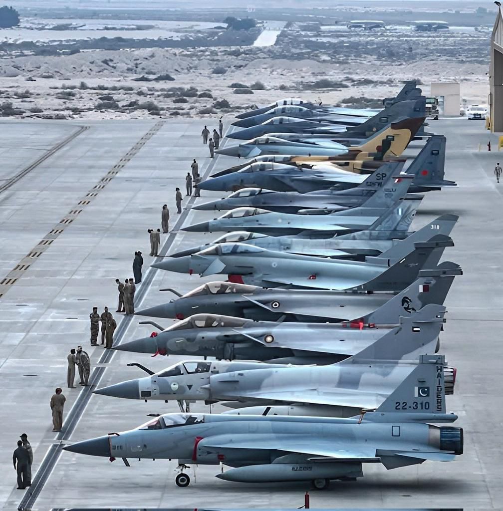 Pakistani JF-17 (Block-III) parked along with the Qatari Rafale, Saudi F-15, Saudi Tornado, Emirati Mirage-2000, and British Eurofighter during Spears of Victory 2025  Multinational Aerial Exercise in Saudi Arabia.