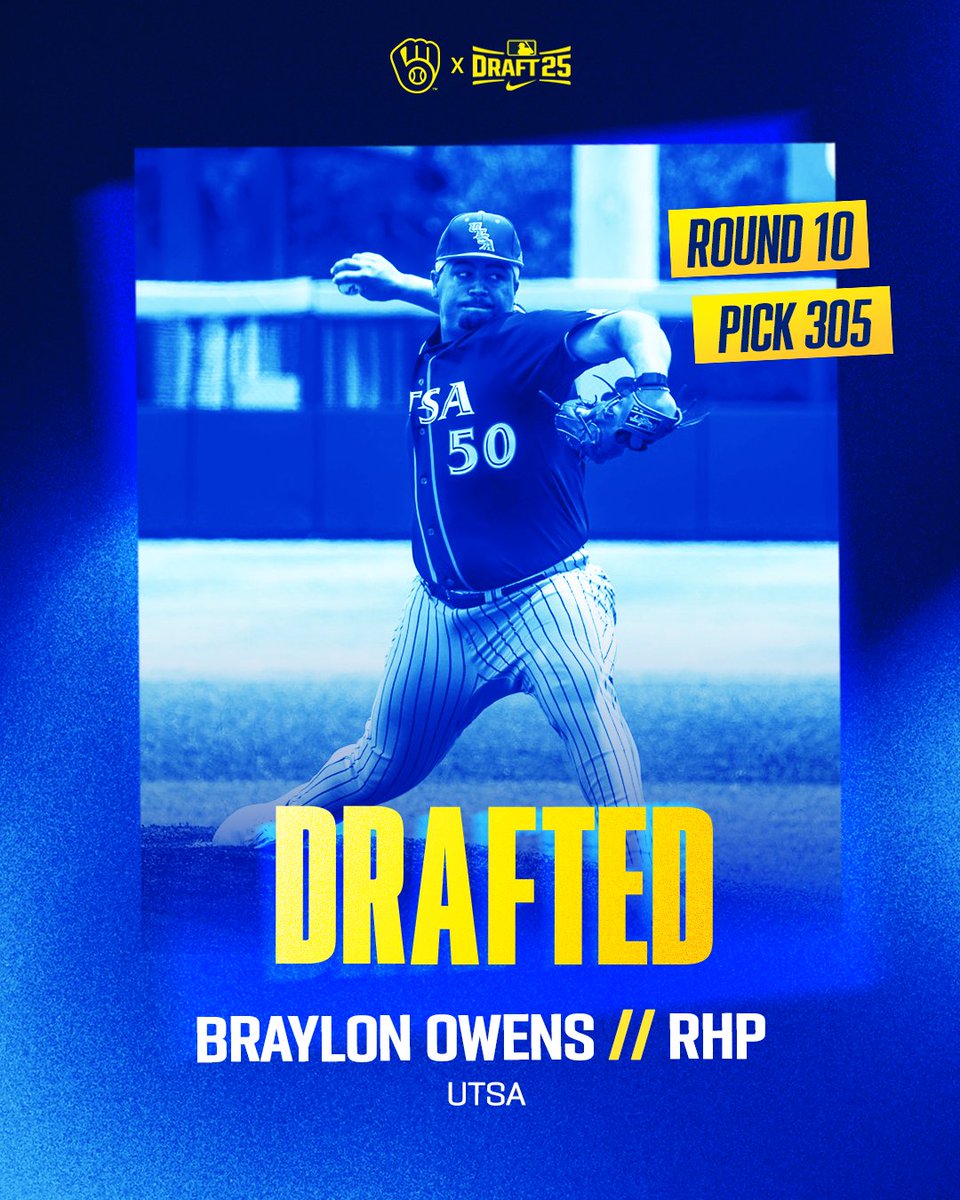 BrewersPD's tweet image. Round 10 / Pick 305
Braylon Owens / UTSA
Welcome to the Crew, @BraylonOwens5!
#ThisIsMyCrew x @UTSABSB