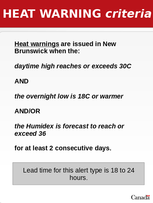 ECCCWeatherNB's tweet image. ⚠️ Latest alerts in NB. Hot weather on tap! #NBStorm
