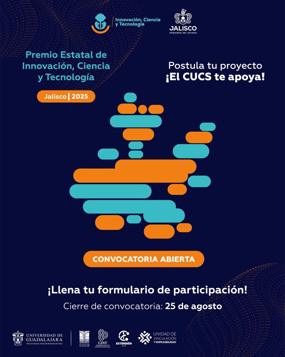 ¡Atención estudiantes e investigadoras e investigadores del CUCS! 🧑‍🔬🔬  La Secretaría de Innovación, Ciencia y Tecnología (SICYT)💡👩‍🔬 los invita a participar en el Premio Estatal de Innovación, Ciencia y Tecnología Jalisco 2025. 

🔗 Consulta las bases: lc.cx/wPTxh0