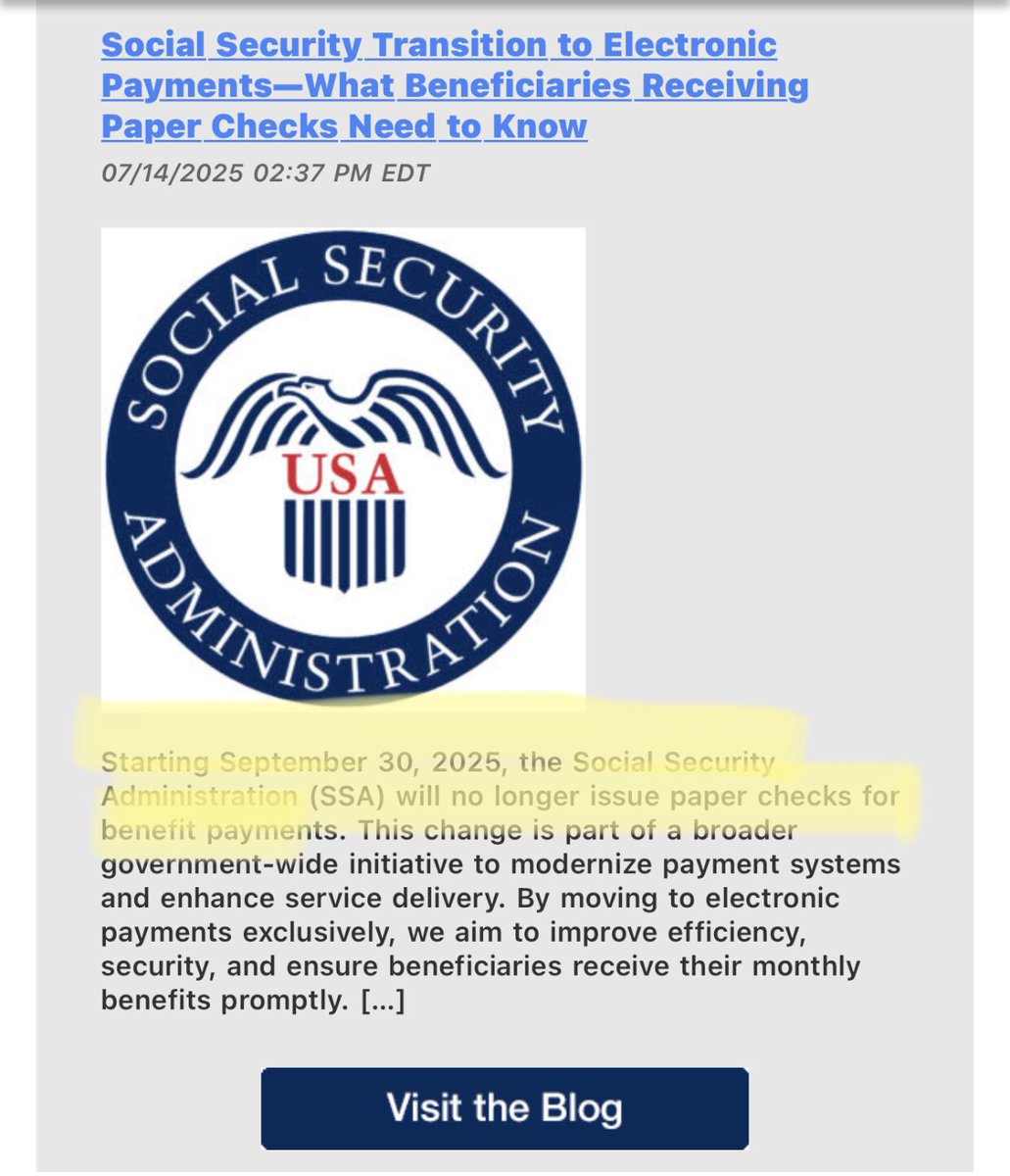 JeaneanSatoris's tweet image. If anyone reading this has an elderly friend or family member still receiving SS via paper check, get them to a bank ASAP to setup direct deposit. Beginning Sept 30, 2025, SS Admin will NO LONGER be mailing checks to recipients.