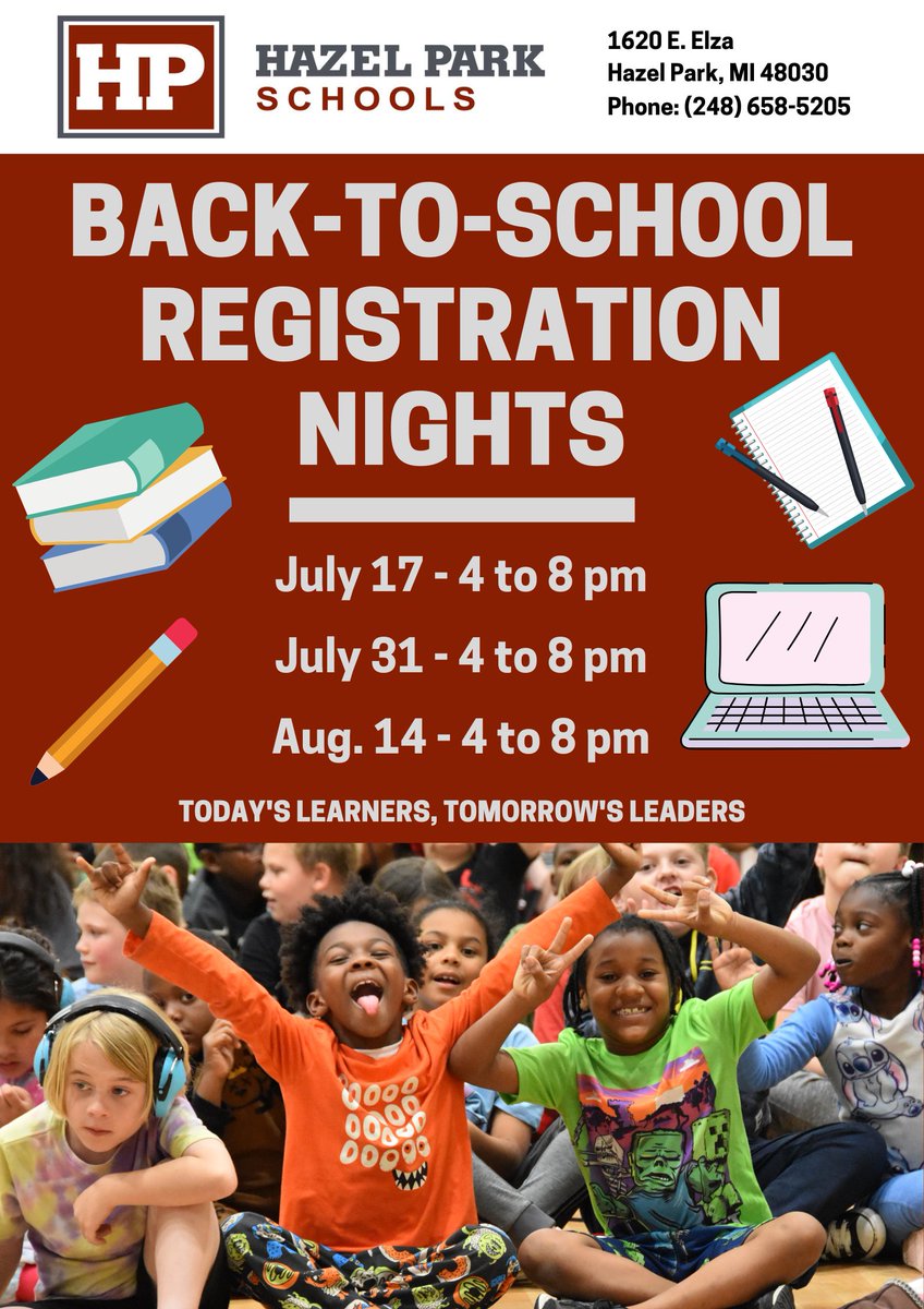 We are just a few days away from our first of three Back-To-School registration days for the 2025-26 school year. The first one will take place on Thursday, July 17, 2025, from 4 to 8 pm at the Ford Building. Or visit our website to enroll hazelparkschools.org/enroll-now/enr…