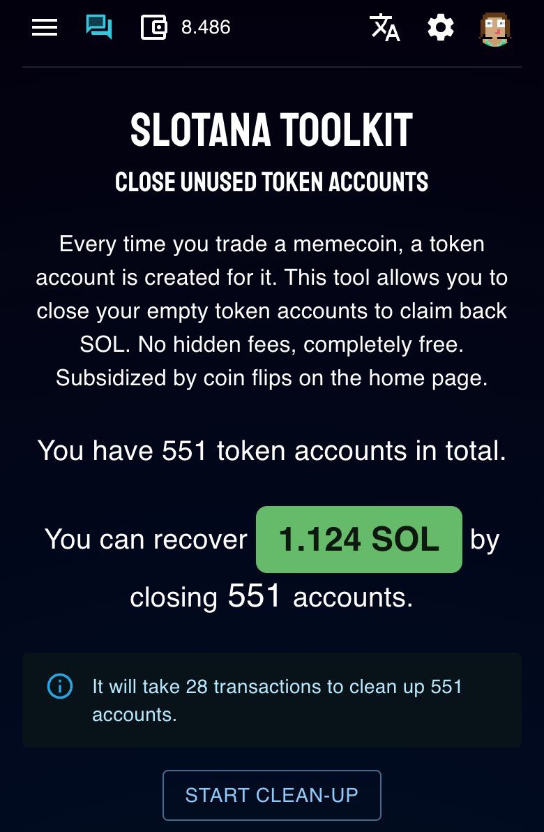 sol_promise's tweet image. this tweet is a reminder for you to claim free solana using slotana.io toolkit
Click on those 3 lines at the top corner
Select toolkit
Click on “Recycle Token Account Tool”
Was able to claim about 1.6 sol ($270) on 2 wallets even without fees.