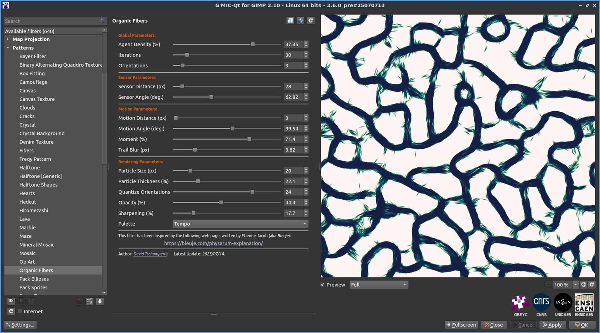 gmic_eu's tweet image. So here's a new filter for our G'MIC-Qt plug-in, called ▶️ Patterns / Organic Fibers ◀️ .
The result of my experiments today. Available for testing, only for users of G'MIC-Qt version 3.6.0_pre (not available for the stable version 3.5.5).
See you, for new graphic experiences!