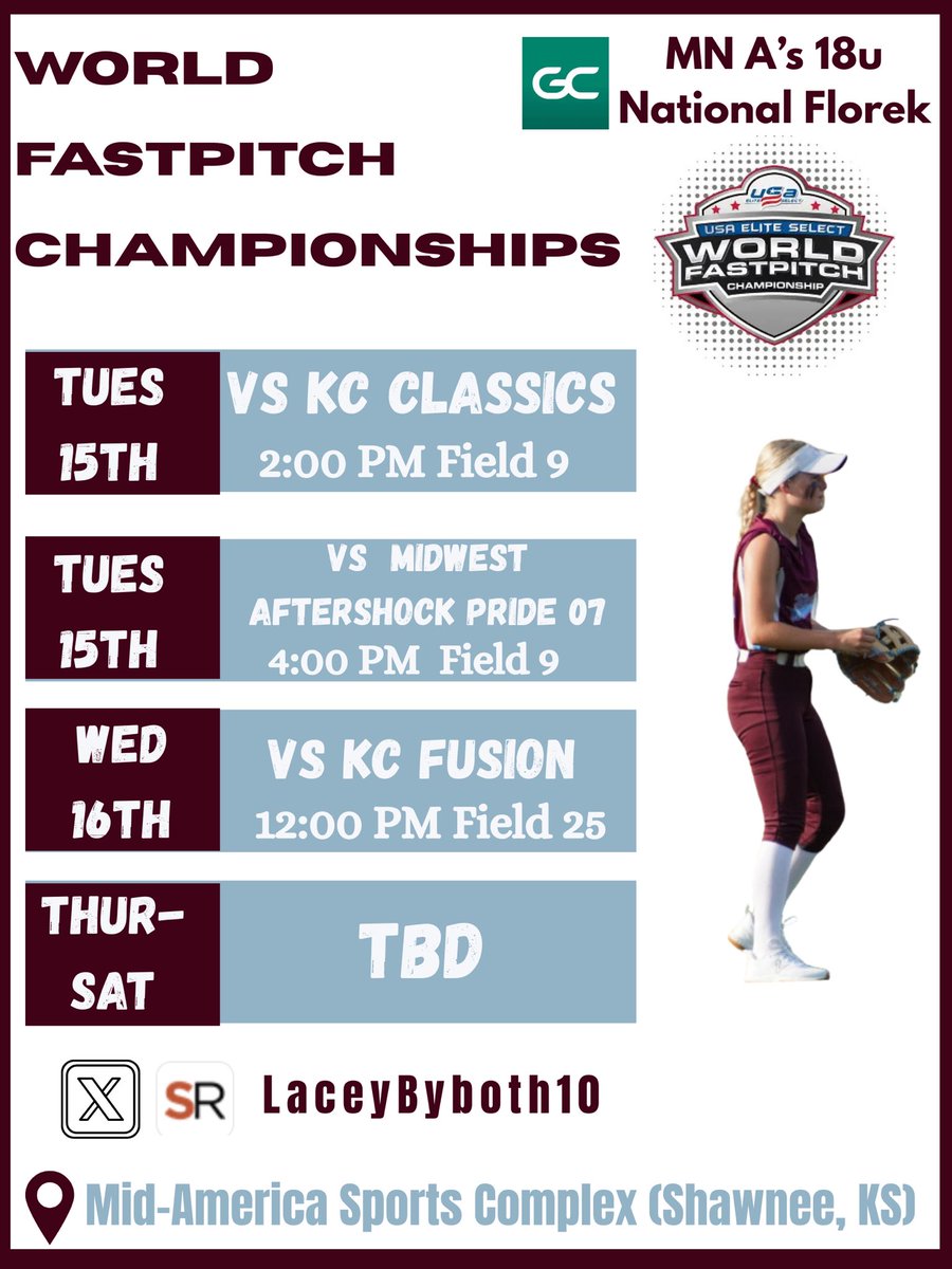 Lacey Byboth 2026 (@laceybyboth10) on Twitter photo Here's my schedule for the World Fastpitch Championships in Kansas City this week! Looking forward to another fun travel tourney💪
<a href="/FrackAttack22/">Melissa Fracker</a> <a href="/jimmieboot/">Kevin Gall</a> <a href="/coachsamkorn/">Sam Korn</a> <a href="/rclick09/">Rachael Click</a> <a href="/wagner_nat/">Nathaniel Wagner</a> <a href="/lakewags34/">Lakyn Krizan</a> <a href="/ChoiceFastpitch/">Choice Fastpitch</a> <a href="/amdumonceaux/">Alicia du'Monceaux</a> <a href="/CoachSRodriguez/">Sal Rodriguez</a> <a href="/izzymoraless/">Izzy</a> <a href="/CSPBearsSB/">Golden Bear Softball</a> Here's my schedule for the World Fastpitch Championships in Kansas City this week! Looking forward to another fun travel tourney💪
<a href="/FrackAttack22/">Melissa Fracker</a> <a href="/jimmieboot/">Kevin Gall</a> <a href="/coachsamkorn/">Sam Korn</a> <a href="/rclick09/">Rachael Click</a> <a href="/wagner_nat/">Nathaniel Wagner</a> <a href="/lakewags34/">Lakyn Krizan</a> <a href="/ChoiceFastpitch/">Choice Fastpitch</a> <a href="/amdumonceaux/">Alicia du'Monceaux</a> <a href="/CoachSRodriguez/">Sal Rodriguez</a> <a href="/izzymoraless/">Izzy</a> <a href="/CSPBearsSB/">Golden Bear Softball</a>