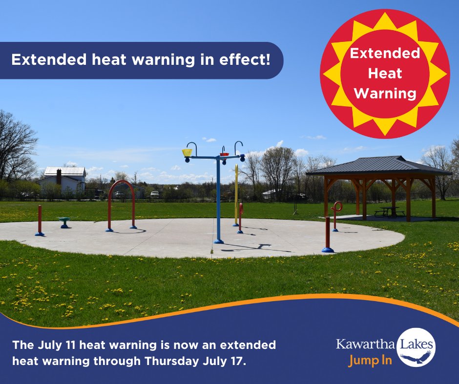 🌡️ Extended Heat Warning in effect July 11 to 17 for Lindsay and Southern Kawartha Lakes.

Stay safe:
💧 Drink water
🧓 Check on vulnerable folks
❄️ Cool down at pools, splash pads, libraries + LRC

Details: kawarthalakes.ca/en/news/extend…

#HeatWarning #KawarthaLakes #BeatTheHeat
