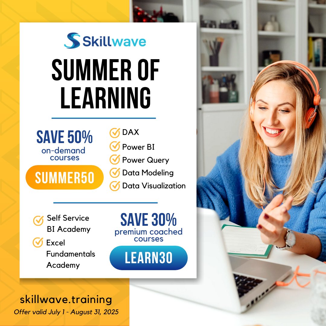 Ken Puls, FCPA, FCMA (@kpuls) on Twitter photo Now’s the perfect time to take your #BusinessIntelligence and #DataAnalytics skills to the next level! Save on all <a href="/skillwave_/">Skillwave Training</a> courses until Aug 31.
☀️ 50% off on-demand courses with code: SUMMER50
☀️ 30% off premium coached courses with code: LEARN30
See skw-t.com/summer2025 Now’s the perfect time to take your #BusinessIntelligence and #DataAnalytics skills to the next level! Save on all <a href="/skillwave_/">Skillwave Training</a> courses until Aug 31.
☀️ 50% off on-demand courses with code: SUMMER50
☀️ 30% off premium coached courses with code: LEARN30
See skw-t.com/summer2025