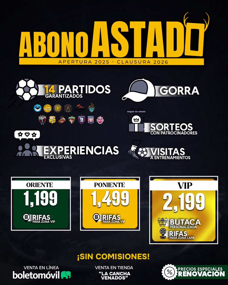 🚨 ¡#AbonoAstado ya a la venta! 🚨

Vive toda la pasión de la temporada en nuestra fortaleza y aprovecha beneficios exclusivos para ti. Juntos sigamos haciendo vibrar el Iturralde y gritemos ¡Primero soy Venado! 🏟️🎫

🎫 Adquiere tu Abono aquí: boletomovil.com/venadosfc