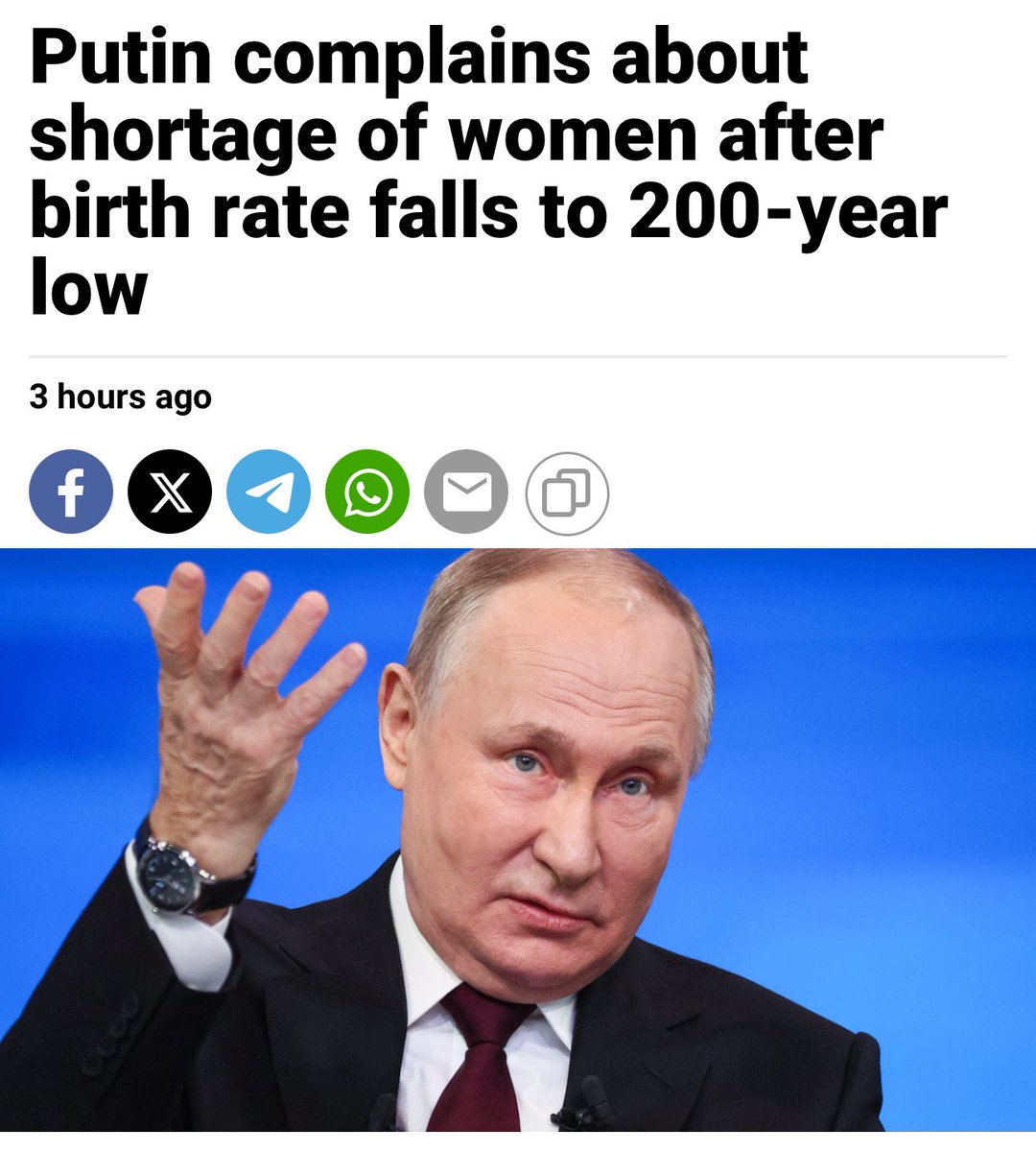 Prune602's tweet image. ‼️ Russia: “Putin complains about shortage of women after birth rate falls to 200-year low”

A shortage…of WOMEN?!

IN RUSSIA?

moscowtimes.ru/2025/07/14/put…