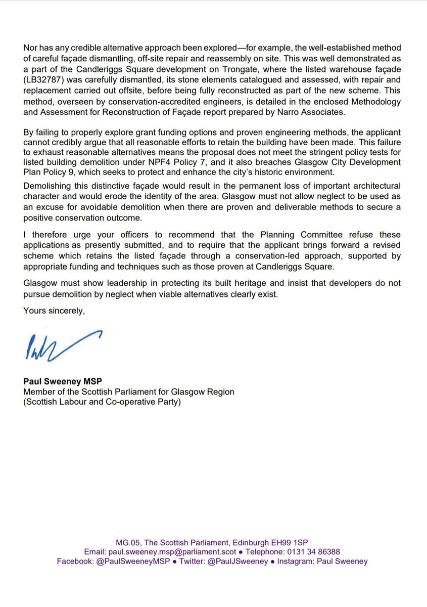 Objection deadline is midnight on Wednesday, 16 July.

To object, email planning.representations@glasgow.gov.uk citing objection to planning applications 25/01128/LBA, 25/01127/CON &amp; 25/01124/FUL Demolition of Listed Façade at 86–90 Maxwell Street/40 Fox Street.

Template here 👇🏻