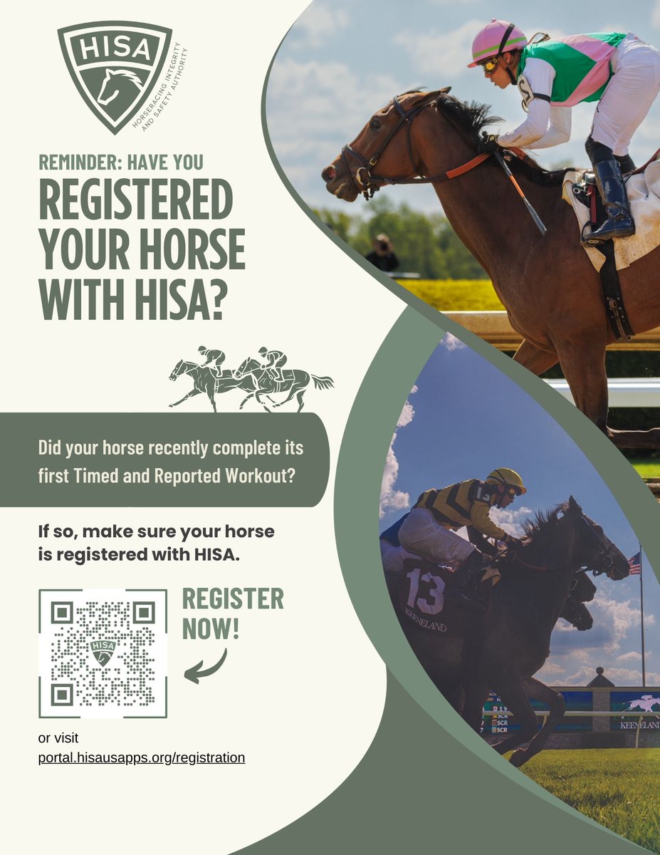 hisa_us's tweet image. Has your horse completed their first Timed & Reported Workout? Don’t forget to register with HISA!
Scan the QR code or visit portal.hisausapps.org/registration
#Horseracing #Integrity #Registration