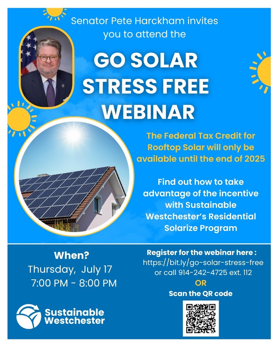 SenatorHarckham's tweet image. I’m joining @sustainable_914 this Thursday, July 17 from 7-8 p.m. for a free webinar on how residents can easily switch to solar.
Learn how you can power your home sustainably with help from Sustainable Westchester.
Register here:
secure.givelively.org/event/sustaina…