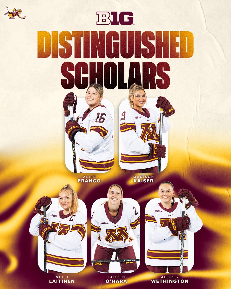 GopherWHockey's tweet image. Congratulations to our 5️⃣ B1G Distinguished Scholars from 2024-25! 👏
📚: z.umn.edu/aka4