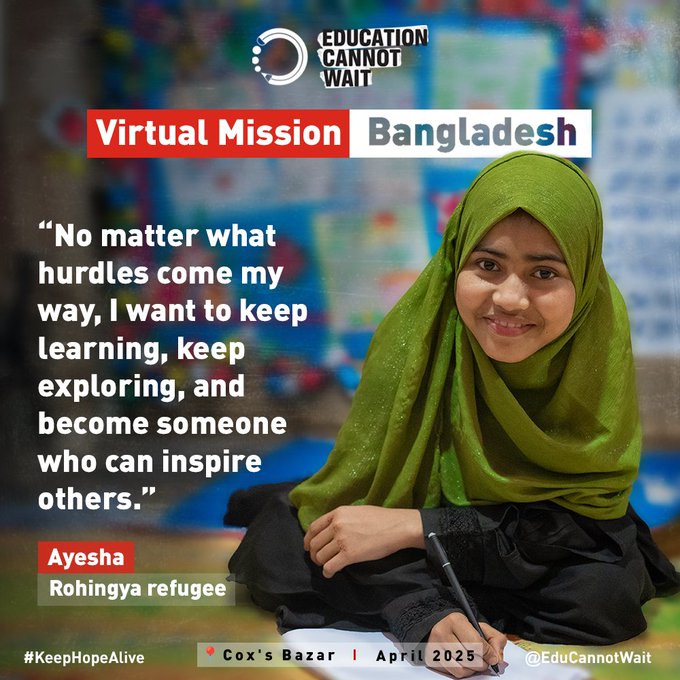 KentPage's tweet image. "I want to keep learning, keep exploring & become someone who can inspire others."
In #CoxsBazar, #refugee girls like Ayesha are proving how education can transform lives & #KeepHopeAlive.
Learn how @EduCannotWait & partners work together in🇧🇩to deliver safe, holistic,…