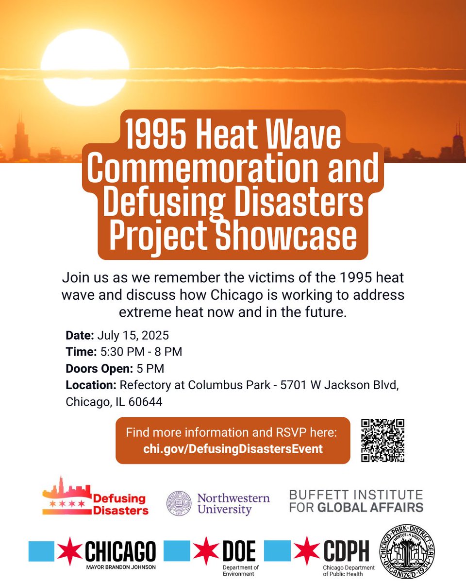 ChicagoDOE's tweet image. Heat-related illness is the leading cause of weather-related deaths in the U.S. Join us tomorrow night at 5:30pm at the Columbus Park Refectory to learn how the City, community, and academia are coming together to design solutions to protect Chicagoans. chi.gov/DefusingDisast…