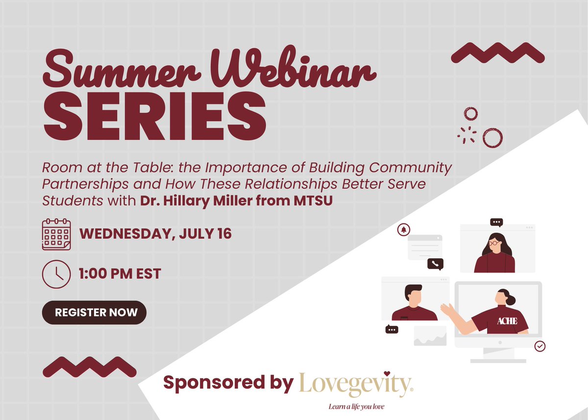"Room at the Table: the Importance of Building Community Partnerships and How These Relationships Better Serve Students"
July 16 | 1 PM ET
Featuring Dr. Hilary Miller (MTSU Daniels Center)
Register now: acheinc.org/events/ache-we…