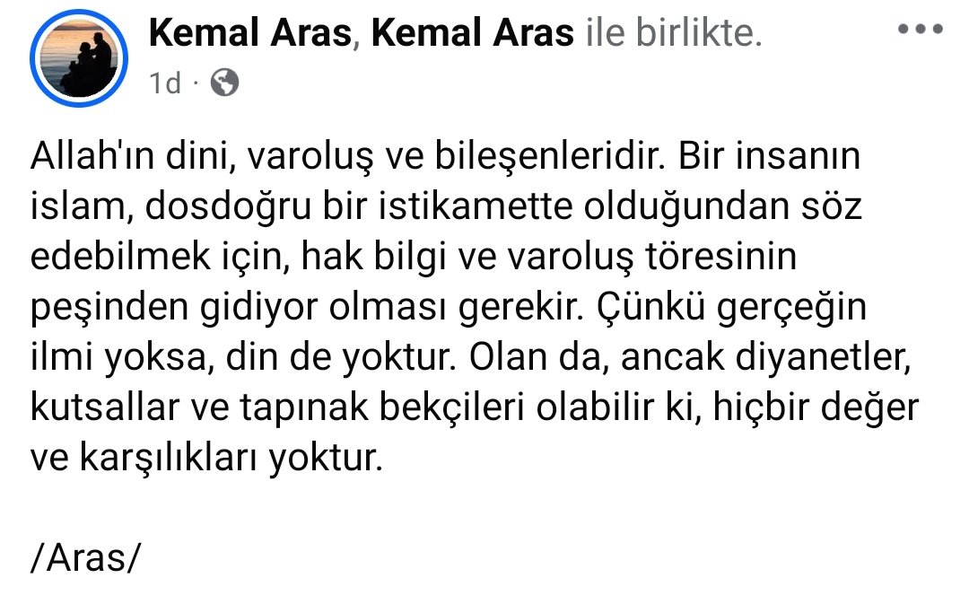 Rûm Sûresi, 30. Ayet, hangi dinin izlenmesi gerektiğini açıkça ortaya koyar.

Varoluşun bileşenleri, işleyiş ve dilleri, gerçek, değerli ve her an ayakta duran, tanıklı, kanıtlı dindir.