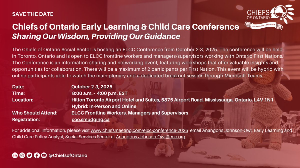 ChiefsofOntario's tweet image. The Chiefs of Ontario Social Sector is hosting an ELCC Conference from October 2-3, 2025. The conference will be held in Toronto, Ontario and is open to ELCC frontline workers and managers/supervisors working with Ontario First Nations.
Registration: coo.smudging.ca/Meeting/Regist…